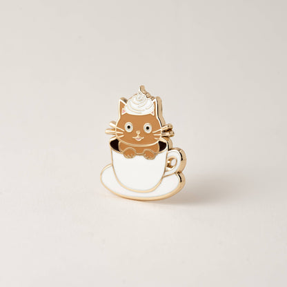 Cat latte enamel pin, brown cat with whipped-cream hat and coffee cup outline