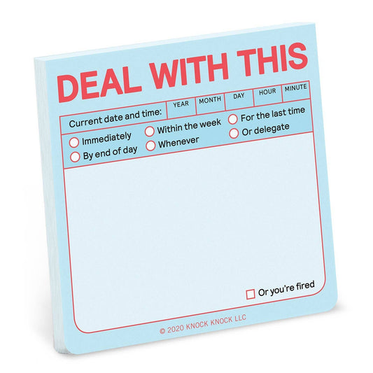 Pastel blue sticky note pad with DEAL WITH THIS header and checklist options