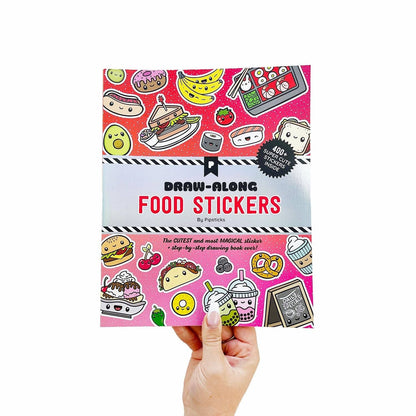 Food sticker book cover: 'Draw-Along Food Stickers' with colorful food icons