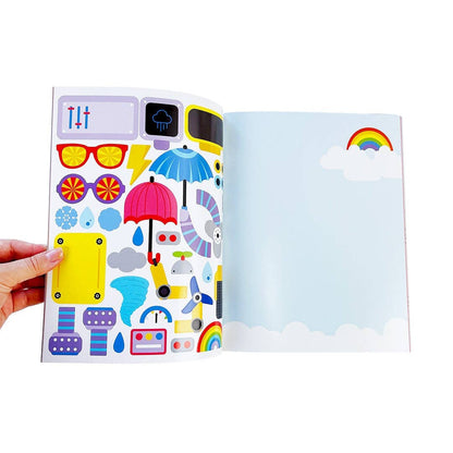Sticker book spread with colorful science-and-robots panel on left and blank sky on right