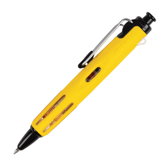 Yellow ballpoint pen with black flexible wire clip and rubber grip