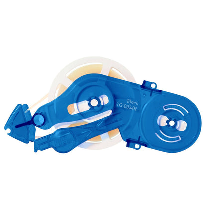 Blue glue tape dispenser with clear cover, 10mm marking, TG-0934R label