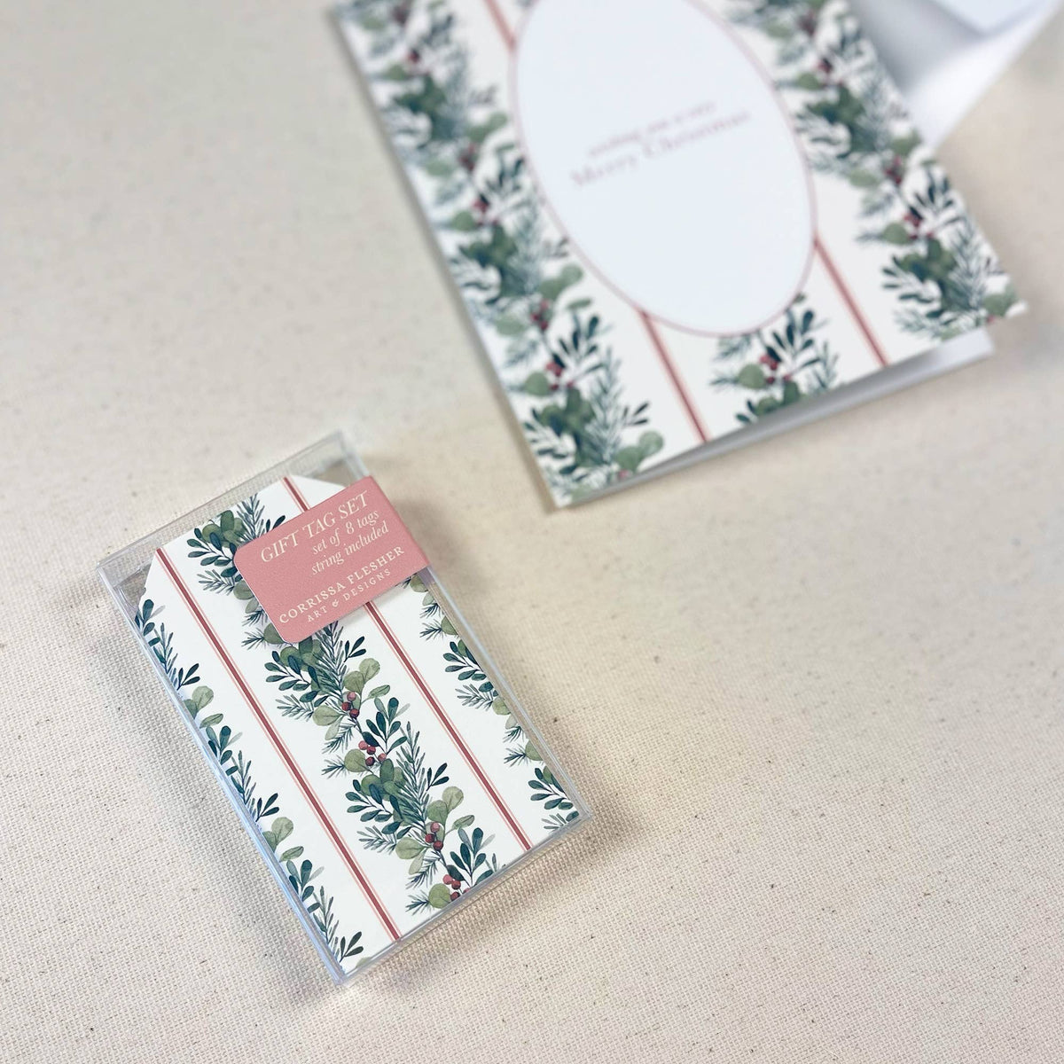 Christmas gift tag with greenery and berries print on kraft-style background