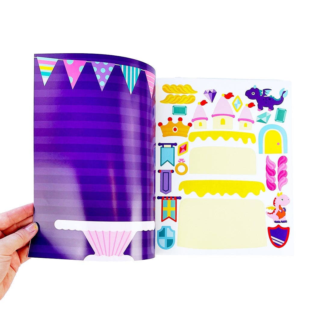 Open sticker activity book pages with purple stripes and a colorful cake decoration layout