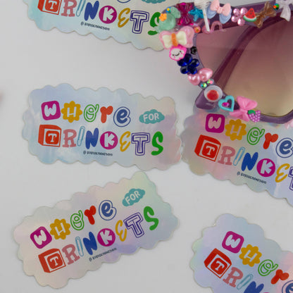 Holographic vinyl sticker set with cloud-shaped 'Whore for Trinkets' designs in blue