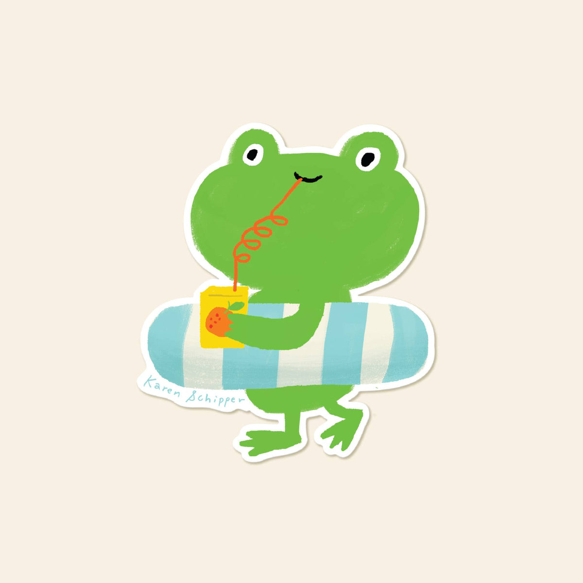 Frog summer sticker with a drink, lounging on a blue-and-white pool float