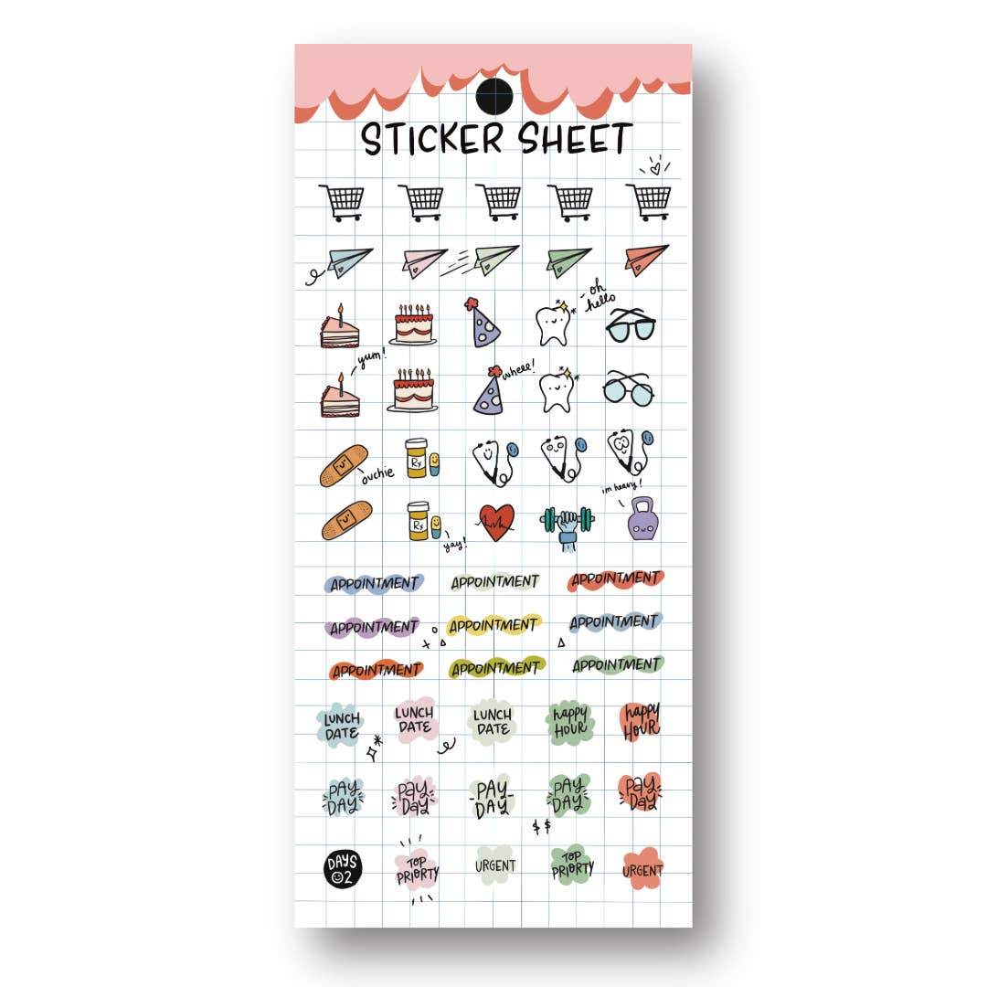 Planner sticker sheet with colorful appointment, lunch date, pay day, and icon designs