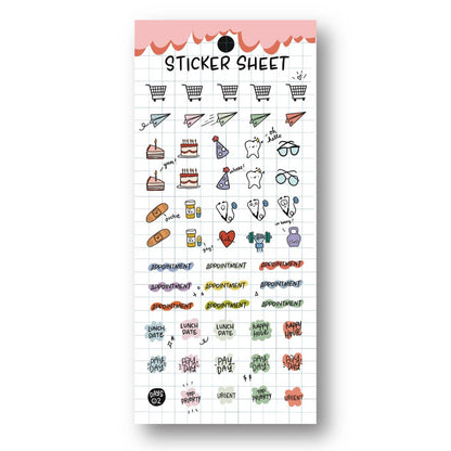 Planner sticker sheet with colorful appointment, lunch date, pay day, and icon designs