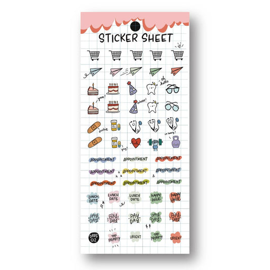 Planner sticker sheet with colorful appointment, lunch date, pay day, and icon designs