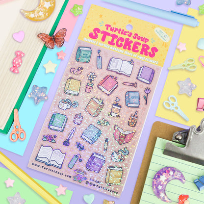 Glitter sticker sheet on a stationery layout with stars and hearts