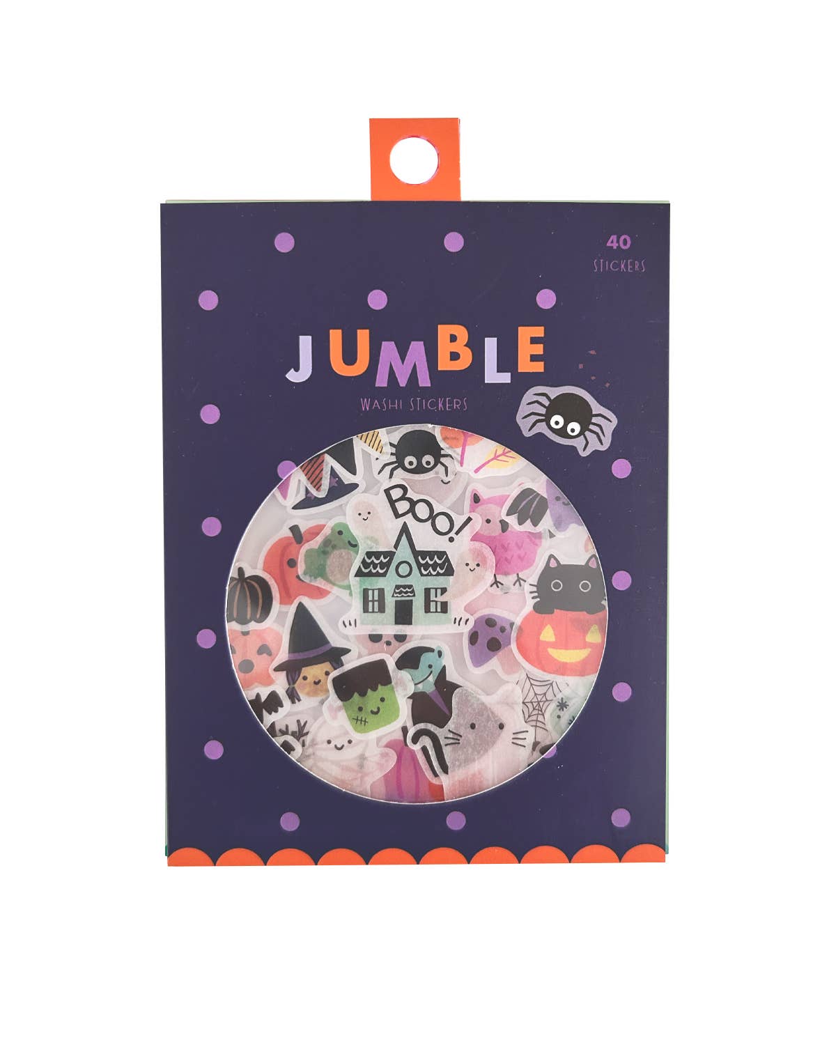 Halloween washi sticker pack with spooky cat, pumpkin, and ghost icons on purple box