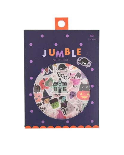 Halloween washi sticker pack with spooky cat, pumpkin, and ghost icons on purple box