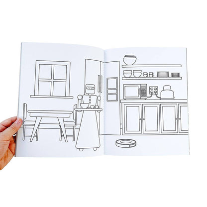 Sticker book spread with line-art kitchen scene on both pages for drawing or coloring