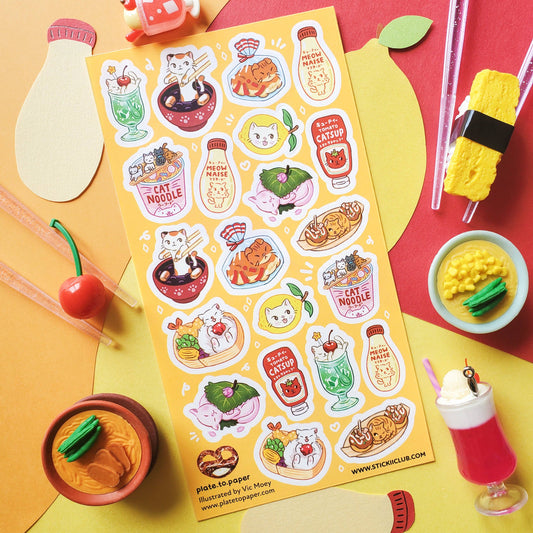 Yellow sticker sheet with cat noodle and cat drink cartoon icons