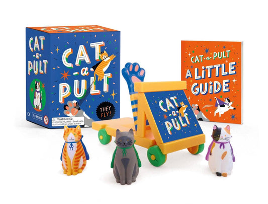 Catapult toy set with three cat figures and a guide booklet