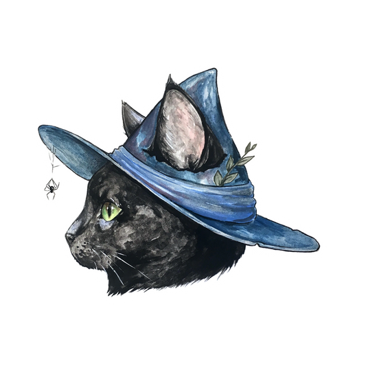 Witch cat sticker of a black cat wearing a blue witch hat with a small leaf