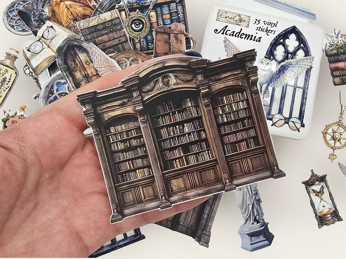 Academia sticker tin box sticker: dark gothic bookshelf with rows of books
