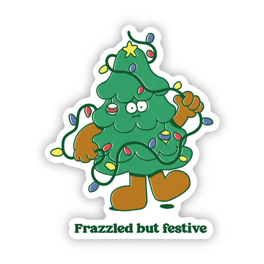 Festive frazzled Christmas tree sticker, green tree with lights and garland, bold text