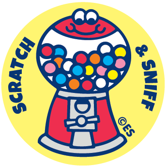 Round scratch-and-sniff sticker with bubble gum machine illustration and colorful gum balls