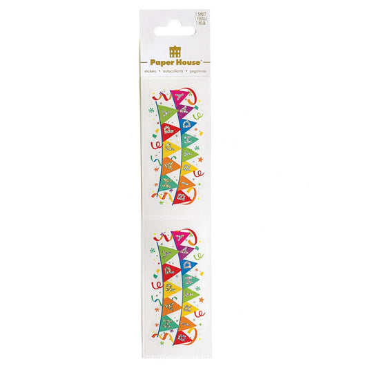 Happy Birthday banner stickers on clear backing, colorful flags and letter shapes