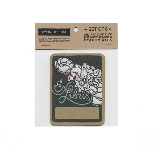 Set of 6 black rose bookplate stickers on kraft cards with 'Libri' script