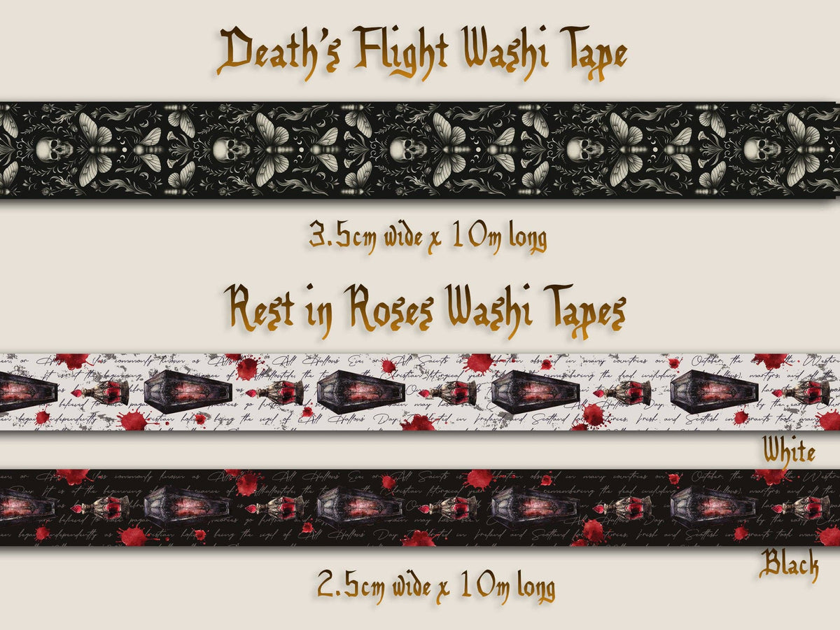 Gothic skull-and-rose washi tape strip in white and black