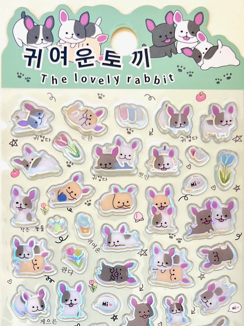 Lovely rabbit sticker sheet with bunny animals, bows, and small icons, assorted shapes