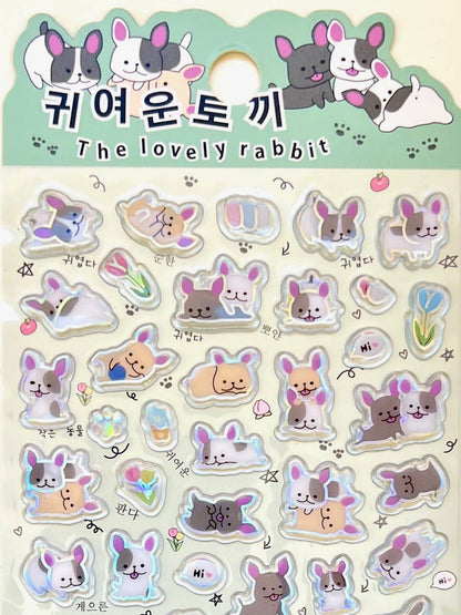 Lovely rabbit sticker sheet with bunny animals, bows, and small icons, assorted shapes