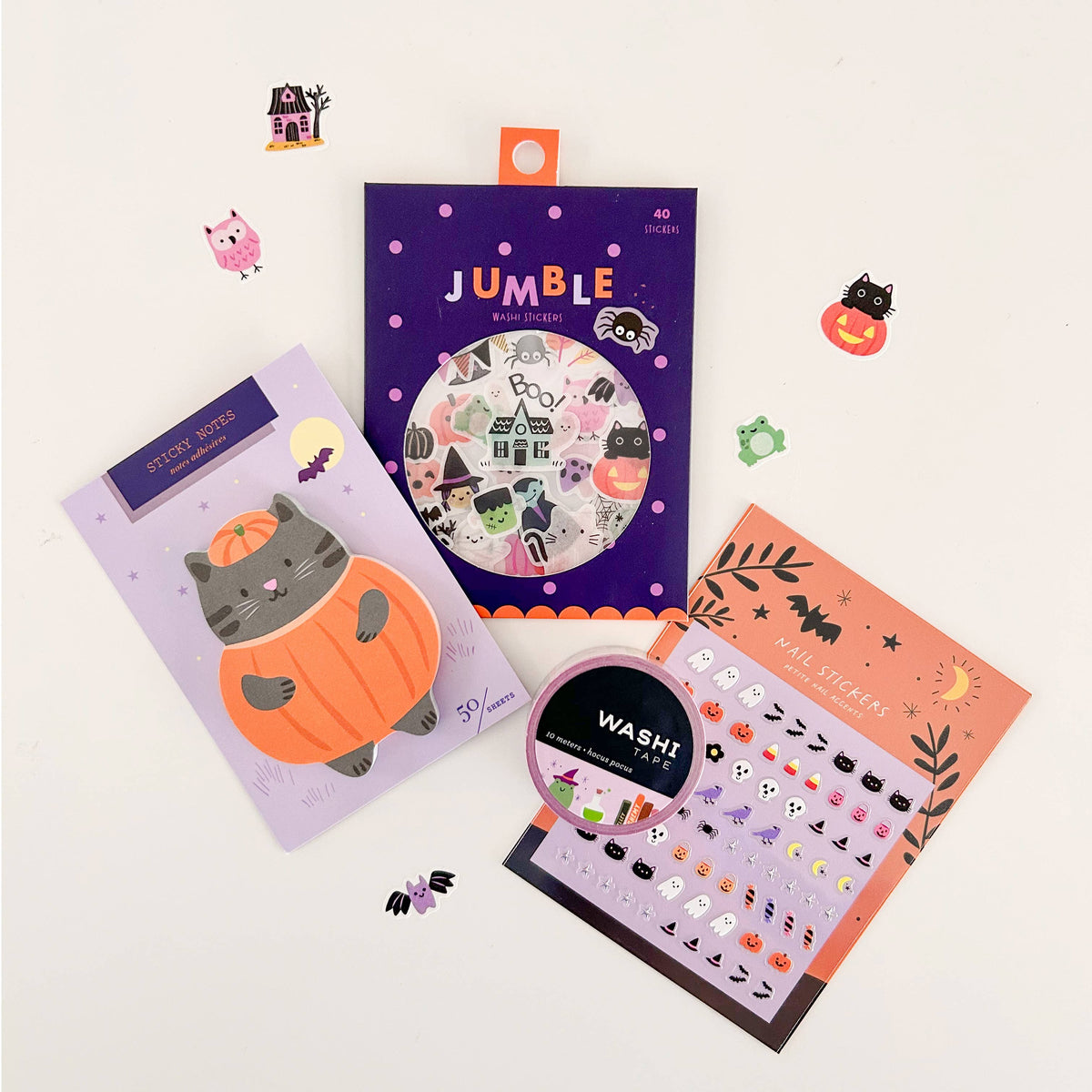 Halloween washi sticker sheets and round roll with assorted spooky characters and shapes