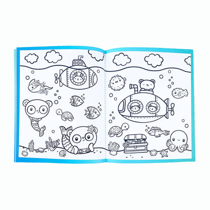 Sea life sticker book open to black-and-white sea animal drawing pages