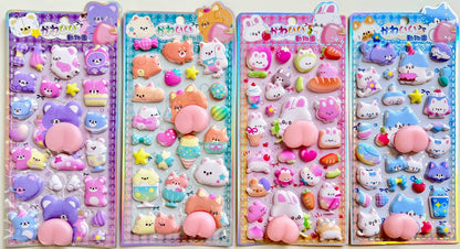 Pastel animal squishy butt sticker set with purple, pink, and blue characters