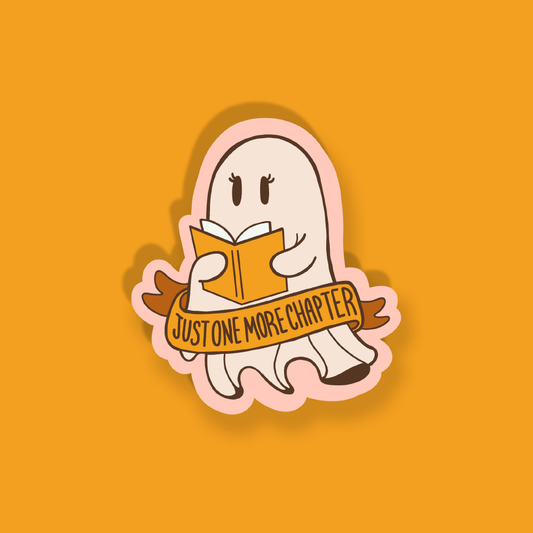 Cute ghost reading book vinyl sticker with 'JUST ONE MORE CHAPTER' text