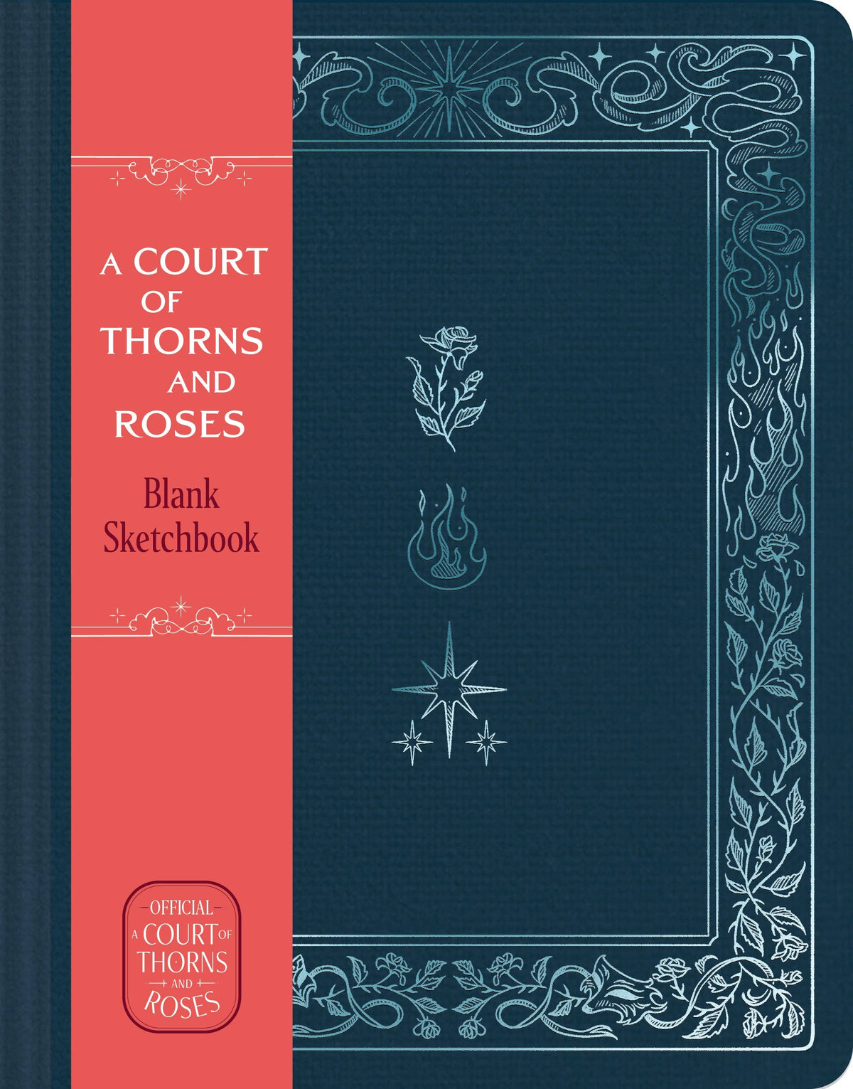 Navy blank sketchbook with coral title stripe and ornate white border details