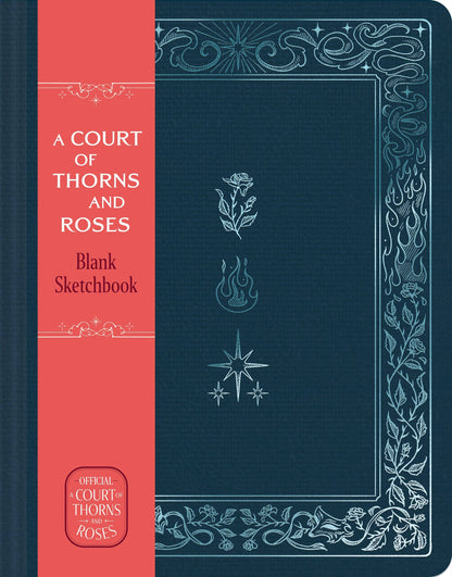 Navy blank sketchbook with coral title stripe and ornate white border details