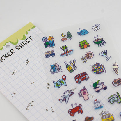Clear planner sticker sheet with grid background and illustrated travel objects