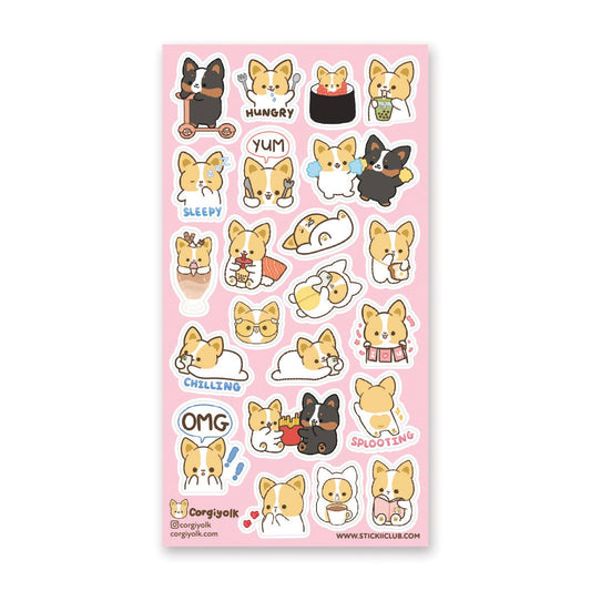 Corgi sticker sheet with cute cartoon corgis in assorted poses and expressions