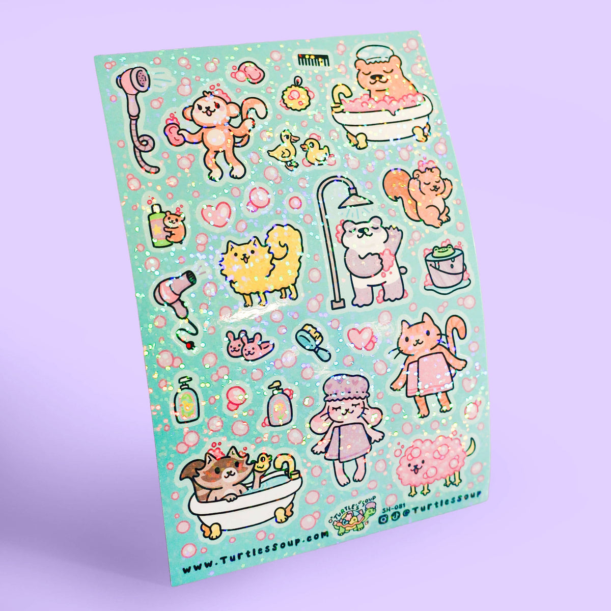 Glitter bath animal sticker sheet with kittens, bears, and flower water icons