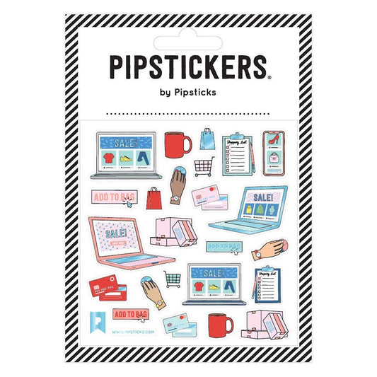 Pipsticks sticker sheet with shopping-themed icons and laptop, cart, and tags