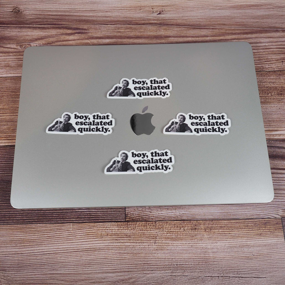 Set of five boy escalated quickly quote stickers on laptop lid