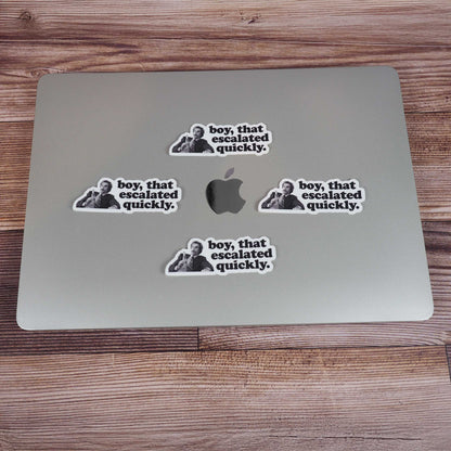 Set of five boy escalated quickly quote stickers on laptop lid