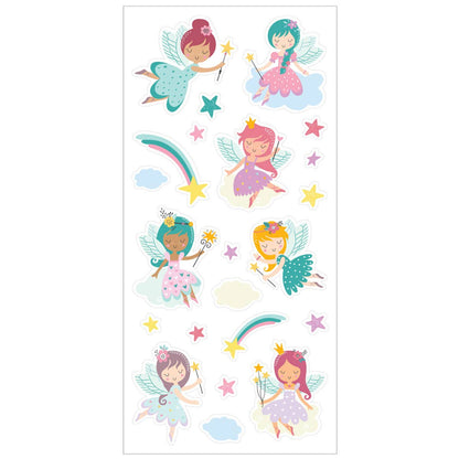 Scratch-and-sniff fairy sticker sheet with winged girls, rainbows, stars, and cloud shapes.