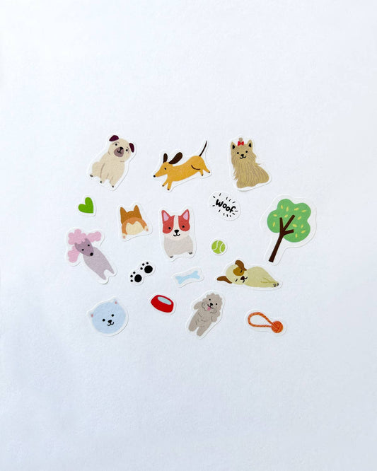Sheet of dog-themed washi stickers with various breeds, hearts, paw prints, and bones