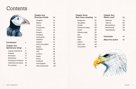 Bird guide contents page with small bird illustrations and chapter topic lists