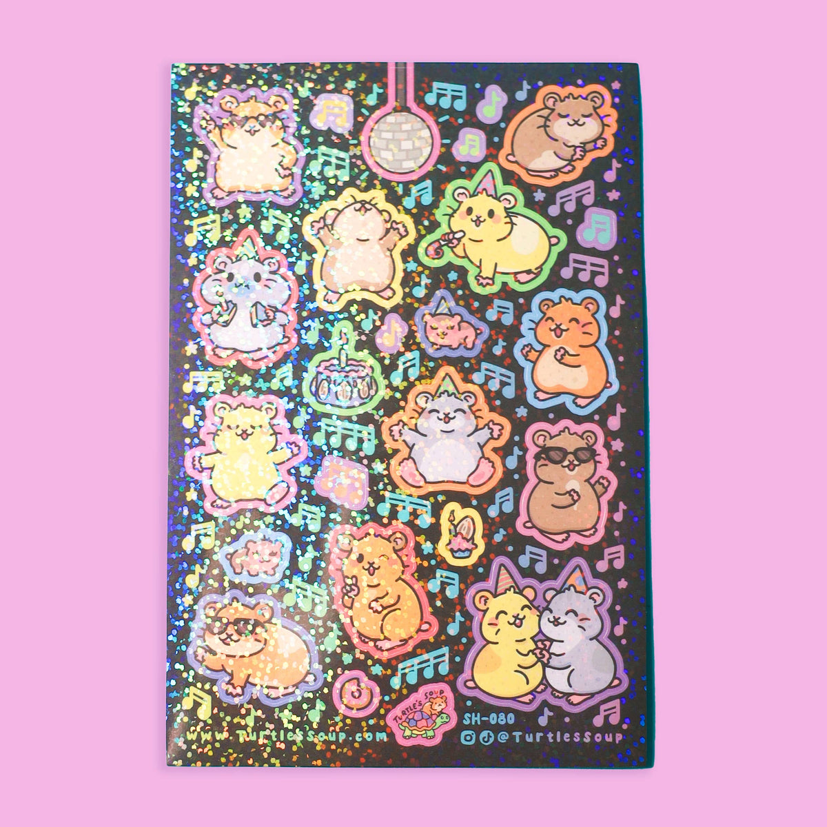 Glittery hamster and critter sticker sheet with music, clock, and charm motifs
