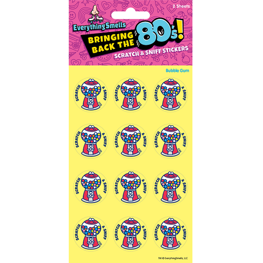 Bubble gum machine scratch-and-sniff sticker sheet with 12 round icons