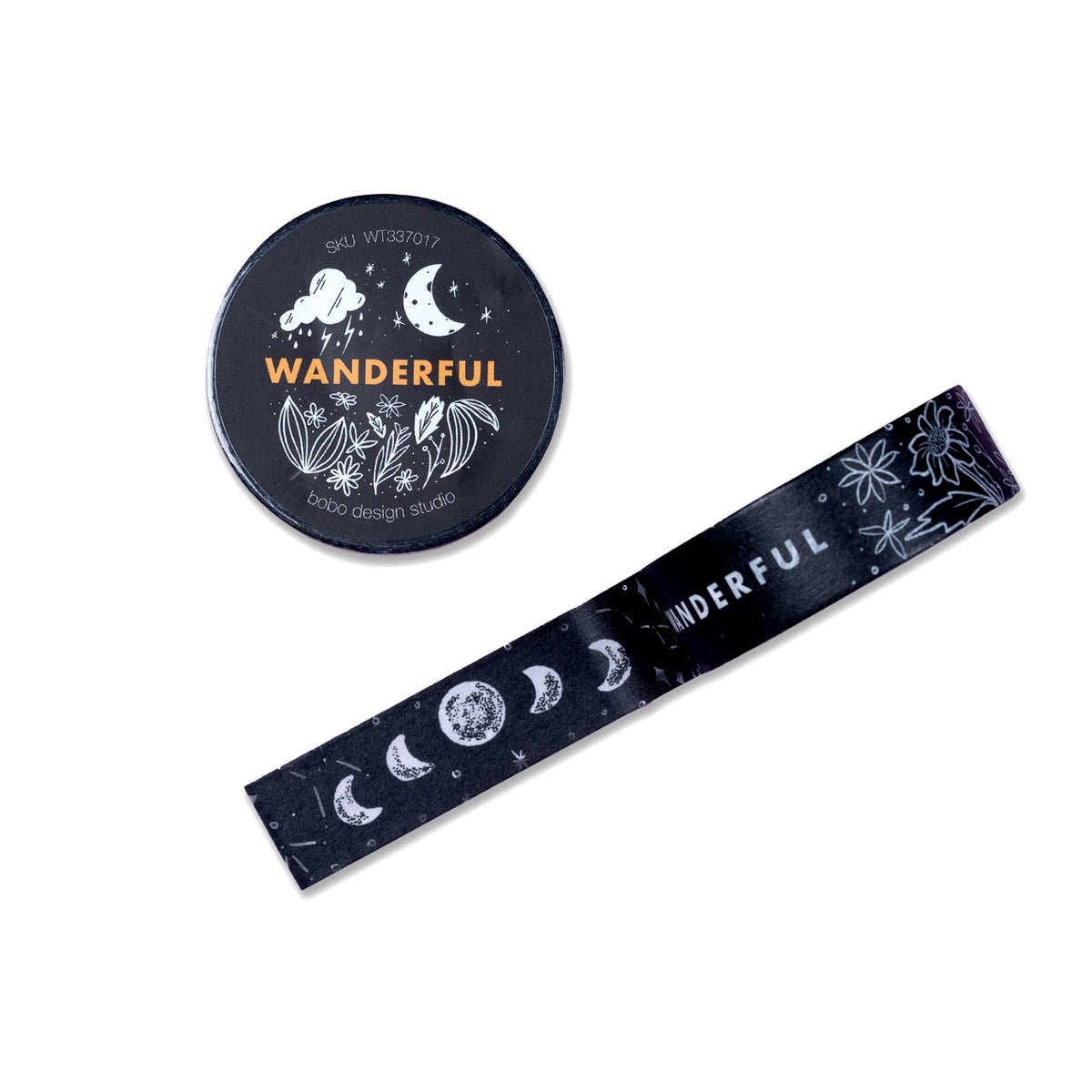 Washi tape roll and strip, dark blue with moons, stars, flowers, WANDERFUL text