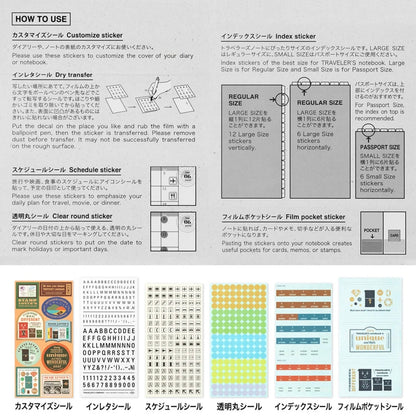 Instruction and sticker variety sheet with index, schedule, clear round, and pocket stickers