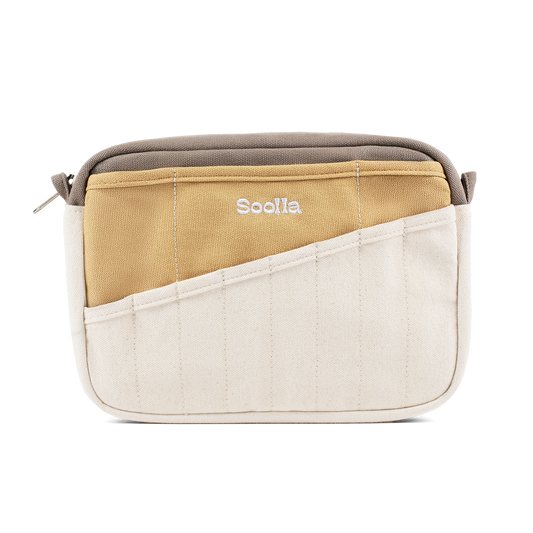 Soolla canvas stationery pouch in driftwood tan, front pocket panels and zip top