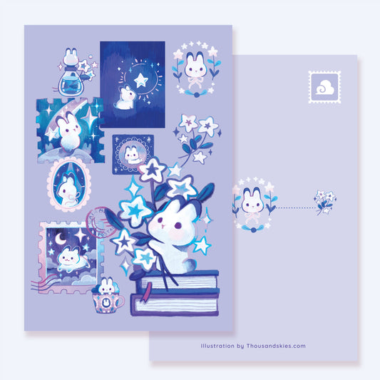 Cartoon postcard featuring a cute white rabbit with shooting stars on purple background