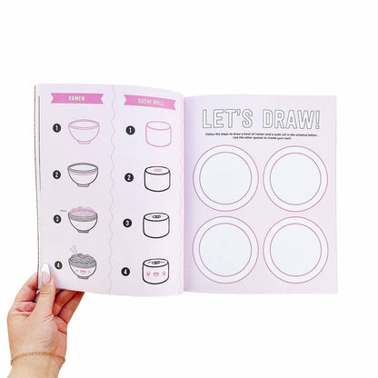 Food sticker book page with ramen and sushi roll outlines and four empty circle guides